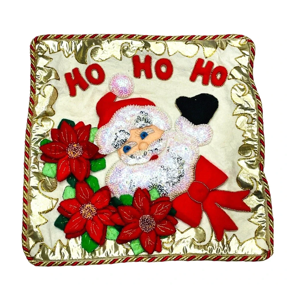 Vtg Ho Ho Ho Embroidered Sequin Santa Claus Pillow Case Handmade Festive